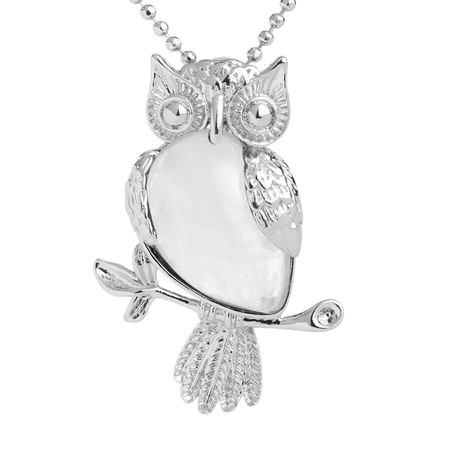 Transparent White Crystal Stone Owl Pendant Necklace