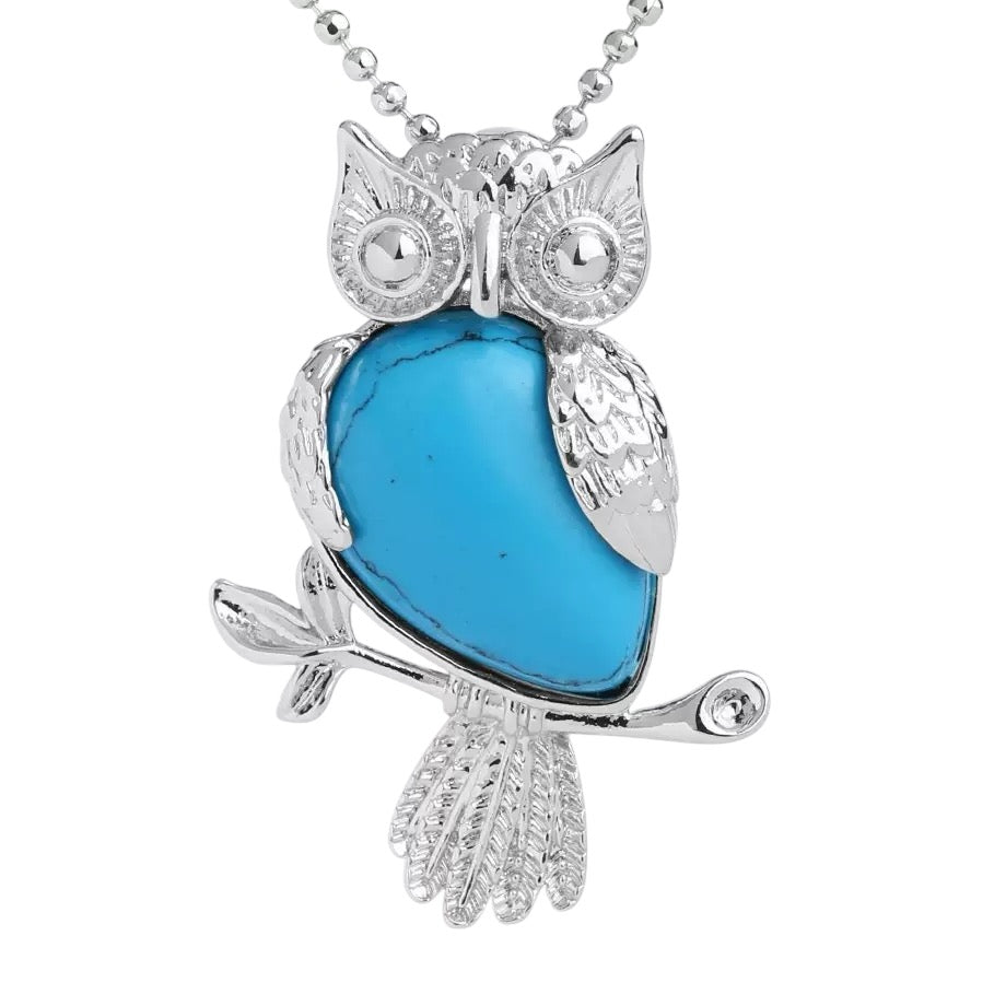 Blue Crystal Stone Owl Pendant Necklace