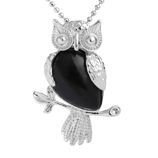 Black Crystal Stone Owl Pendant Necklace