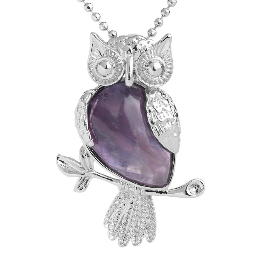 Purple Crystal Stone Owl Pendant Necklace