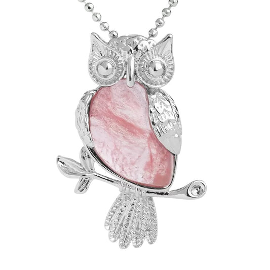 Transparent Pink Crystal Stone Owl Pendant Necklace